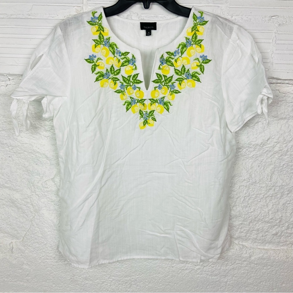 TALBOTS white lightweight lemon, embroidered linen cotton summer shirt SZ medium - Picture 3 of 15